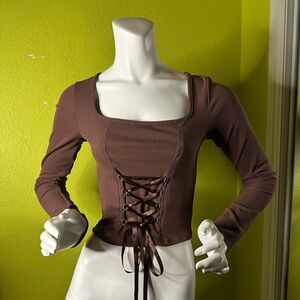 7day Wknd Brown Longsleeve Cropped Front Tie Corset Top